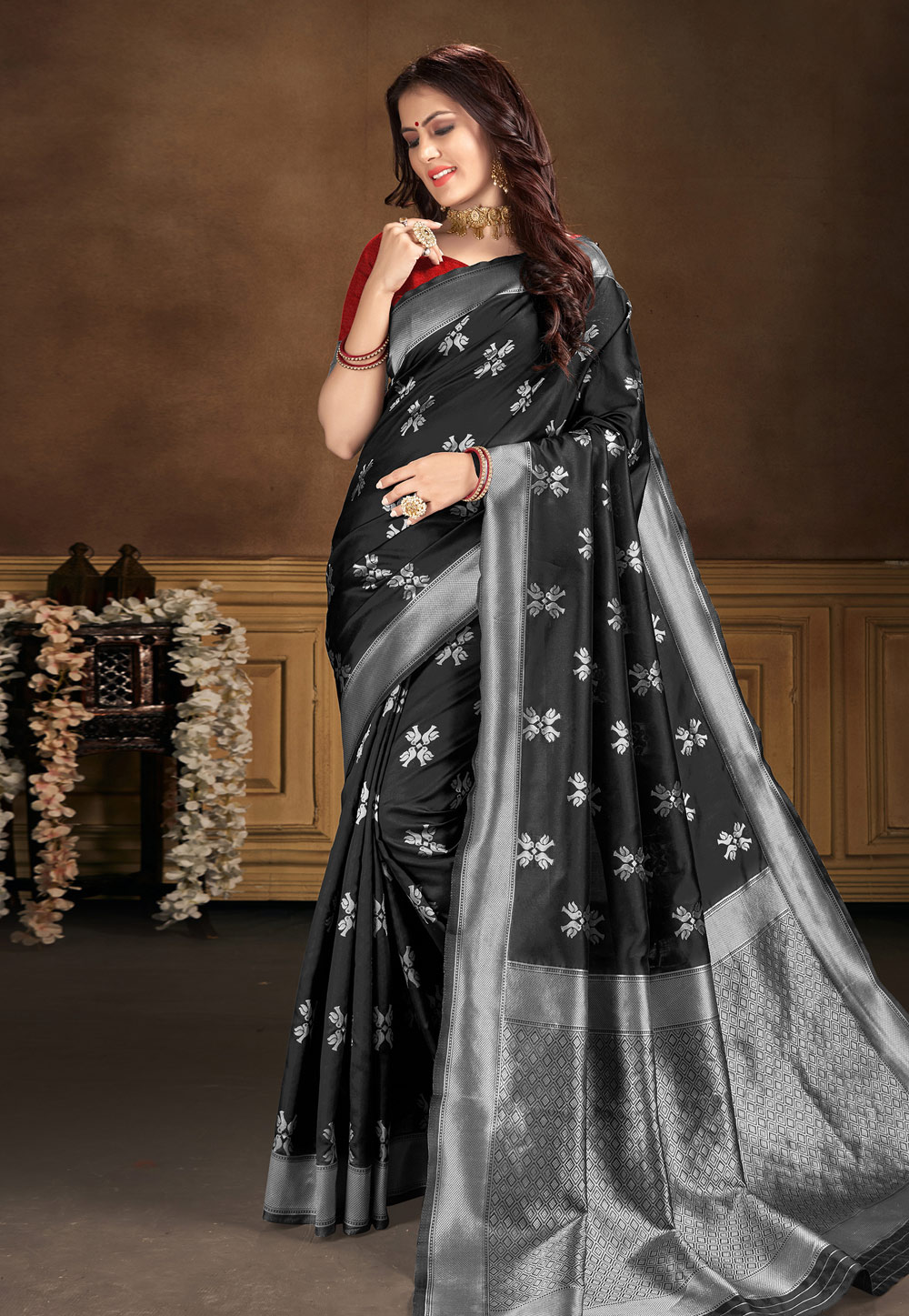 Black Banarasi Silk Saree With Blouse 210265