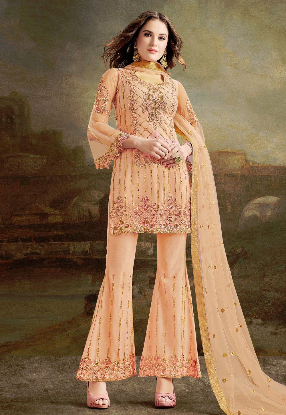 Peach Silk Sharara Suit 190940