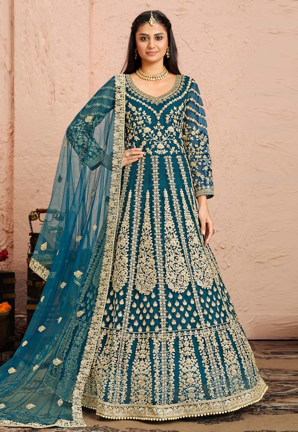 Blue Net Embroidered Abaya Style Anarkali Suit 236092