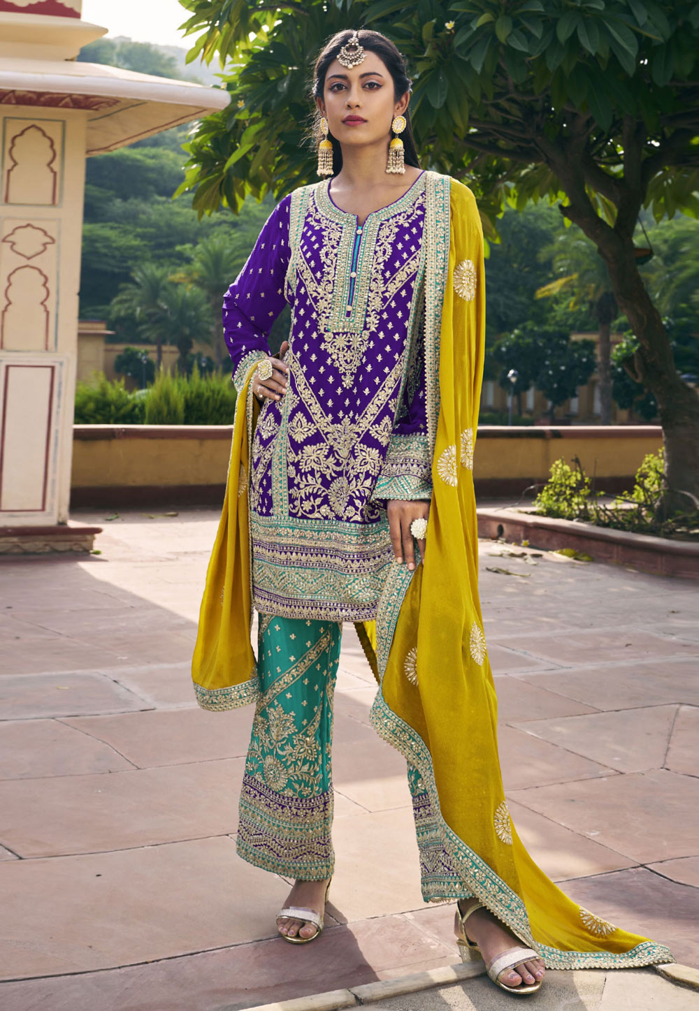 Violet Chinon Embroidered Palazzo Suit 277658