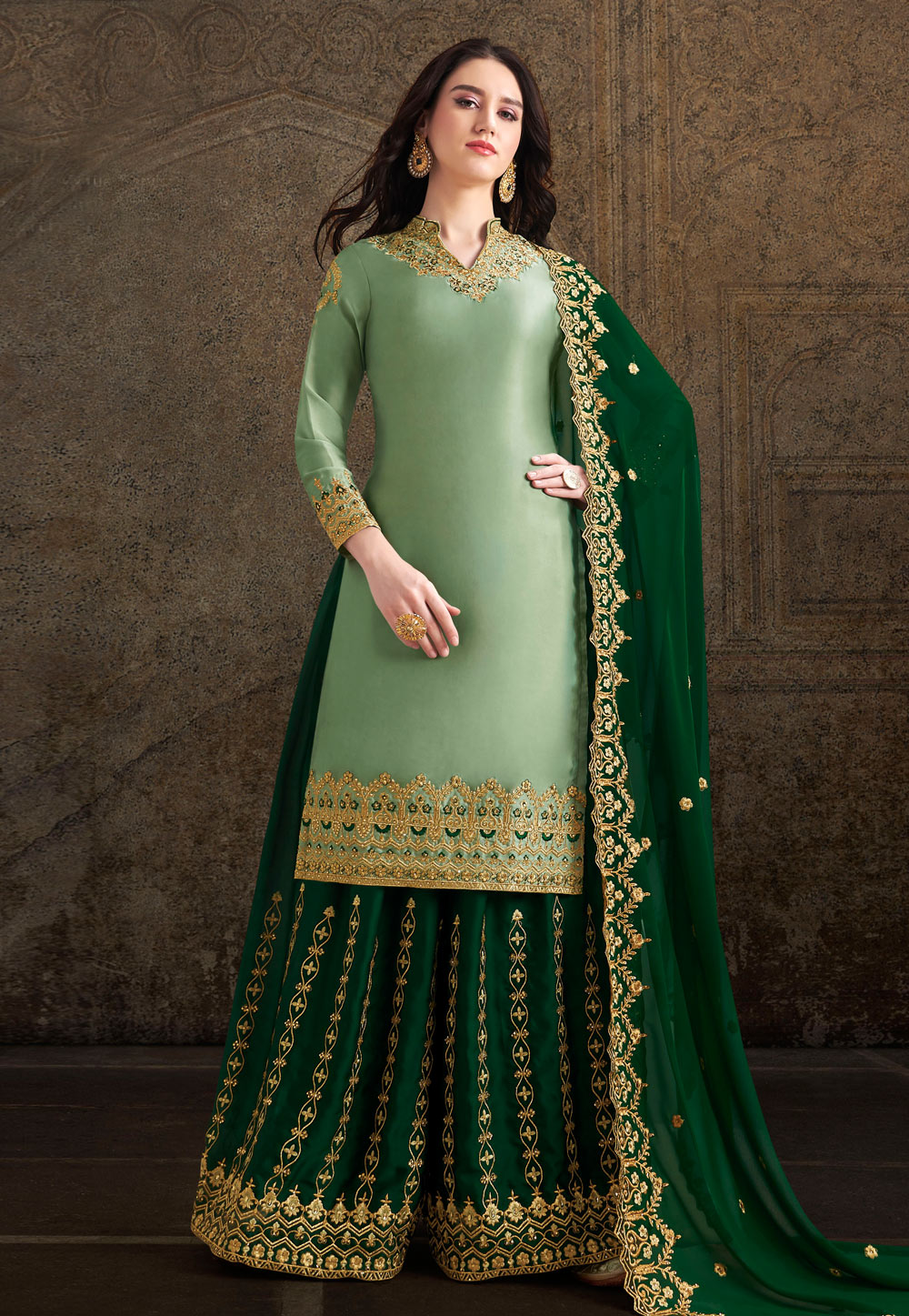 Light Green Satin Embroidered Kameez With Palazzo 196716