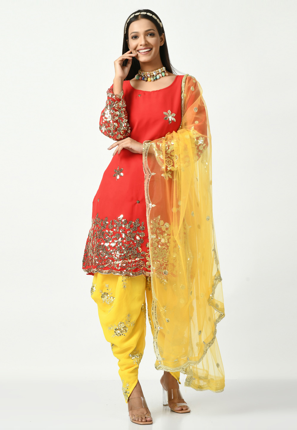 Buy Jevi Prints Pure Cotton Readymade Stitched Punjabi Suit with Maheshwari  Border - Cotton Suit Set with Dupatta (SUIT_Maheshwari-7120_L_Red_L) at  Amazon.in