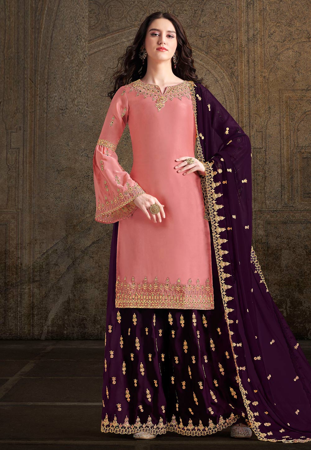 Pink Satin Embroidered Kameez With Palazzo 196720