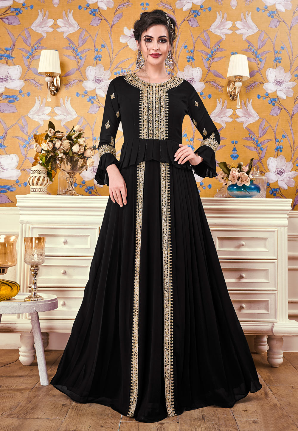 Black Georgette Readymade Party Wear Gown 202254