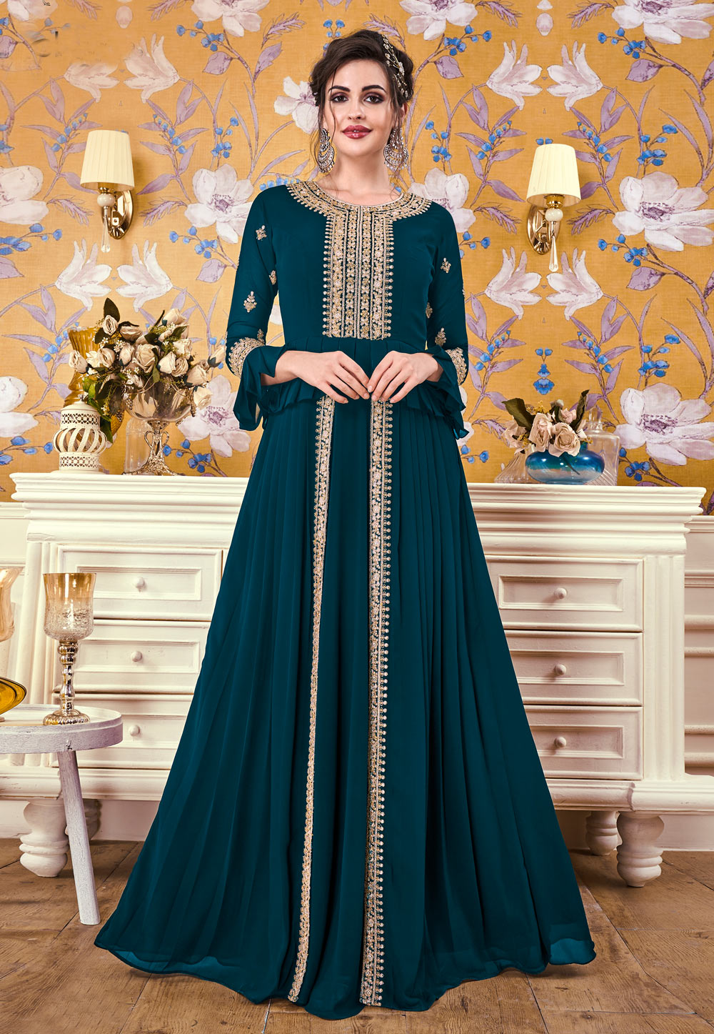 Teal Georgette Readymade Gown 202255