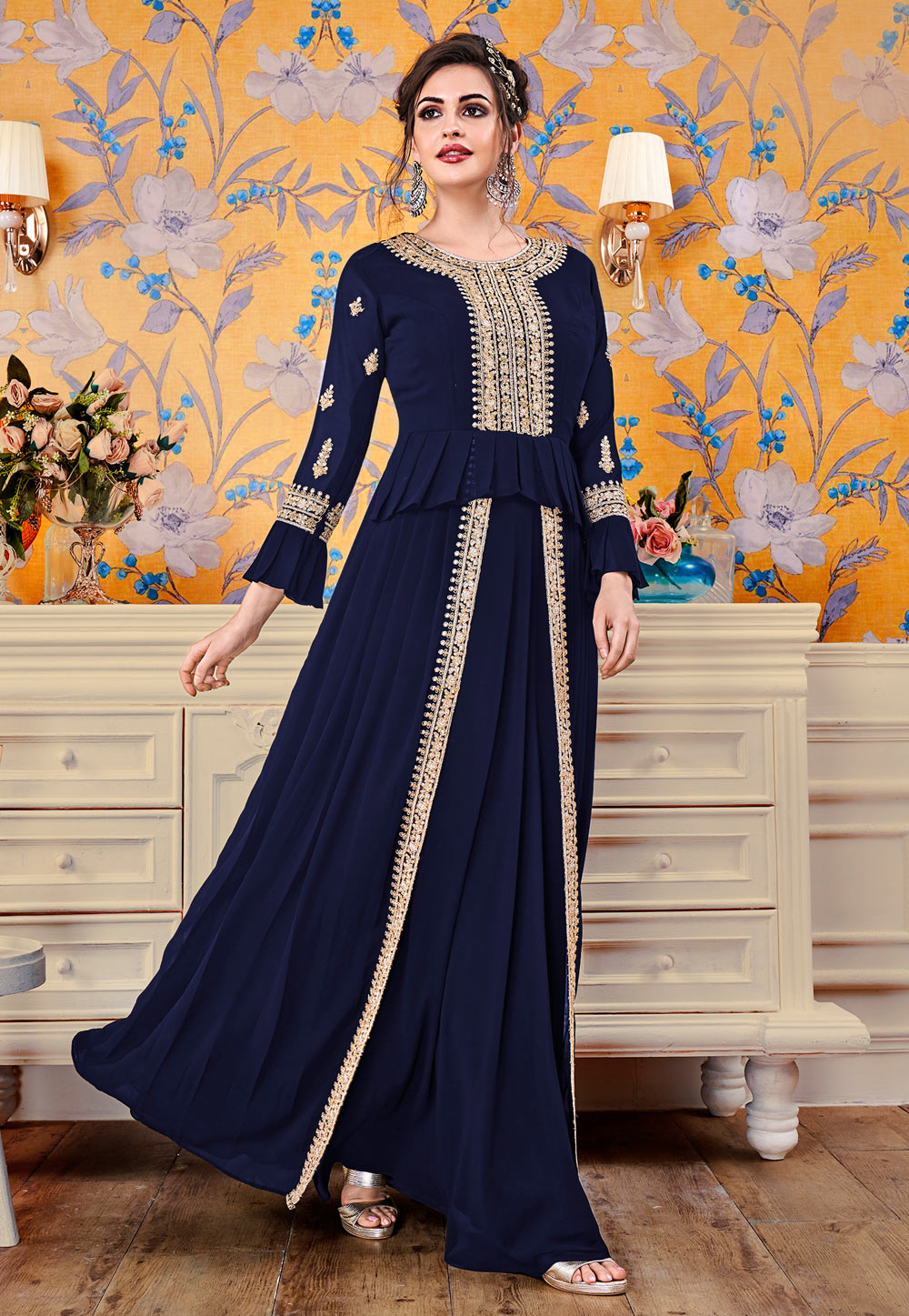 Navy Blue Georgette Readymade Party Wear Gown 202256