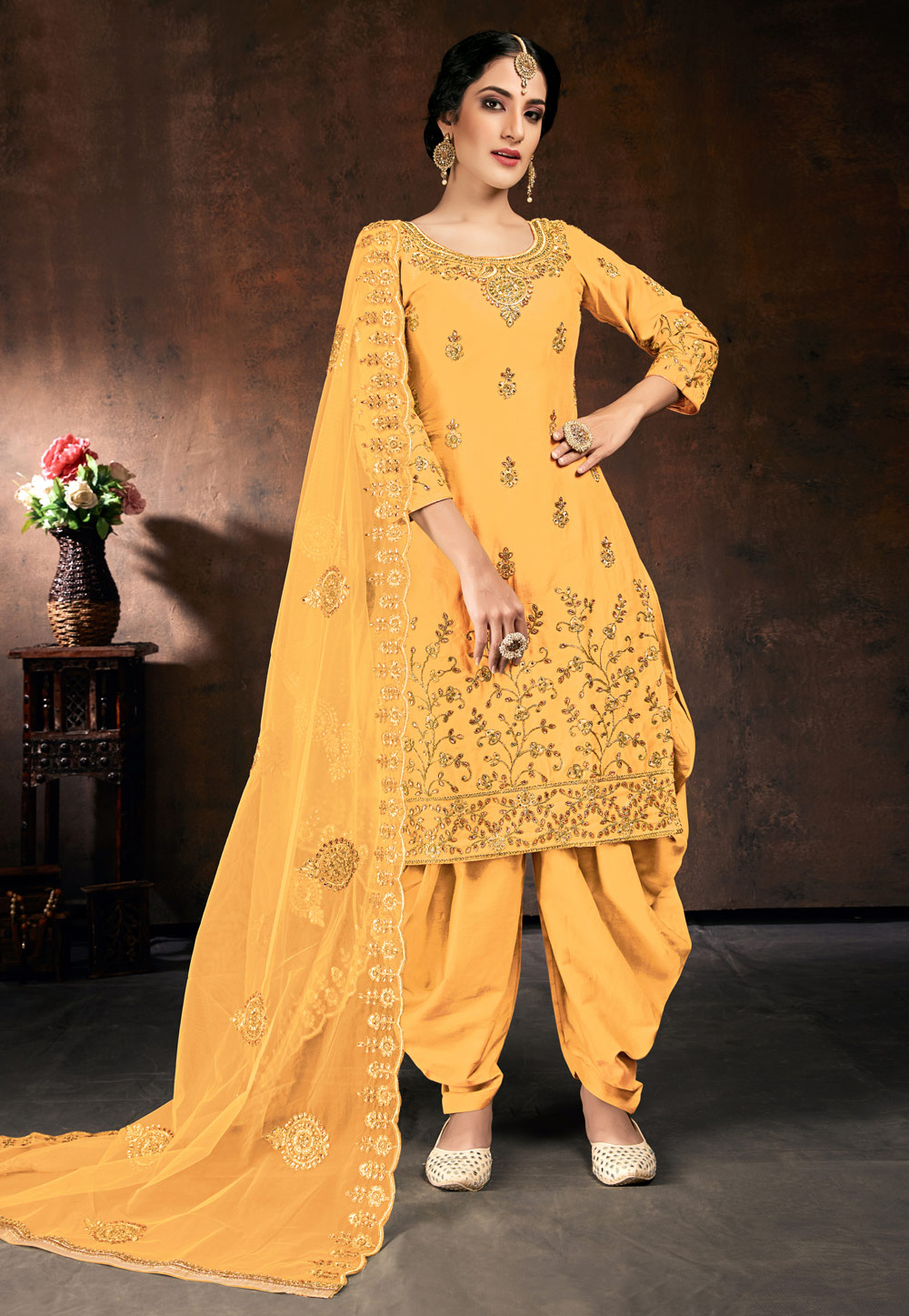 Yellow Cotton Readymade Patiala Suit 217617
