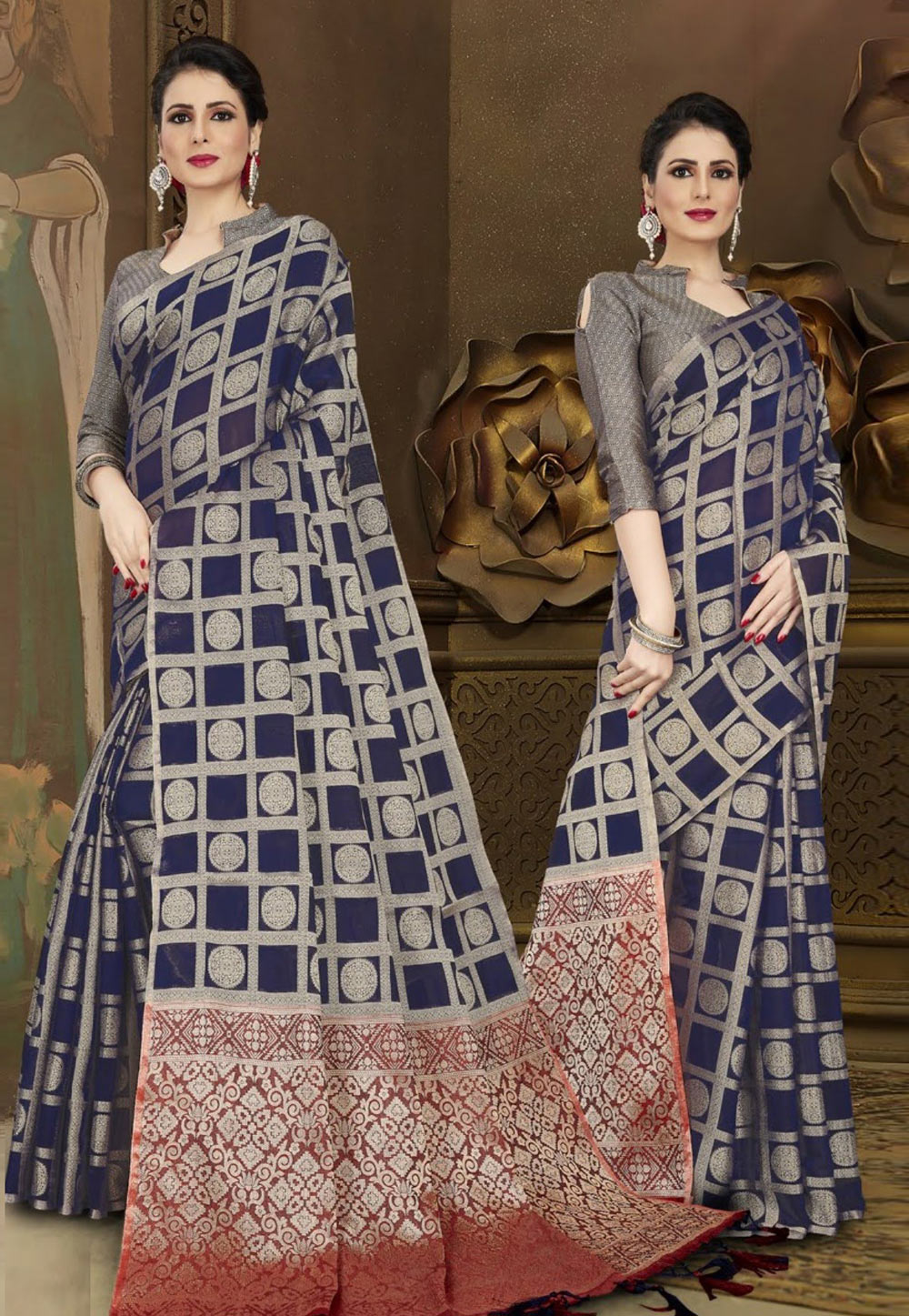 Navy Blue Chanderi Saree With Blouse 206829