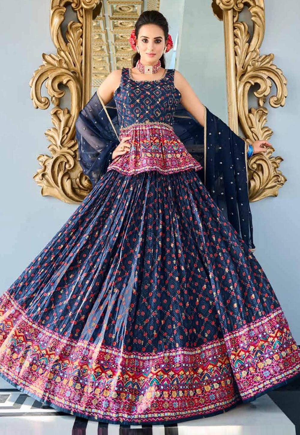 Dark Blue Velvet Lehenga Choli with Dupatta: LFU111 | Indian outfits,  Indian fashion, Indian bridal wear