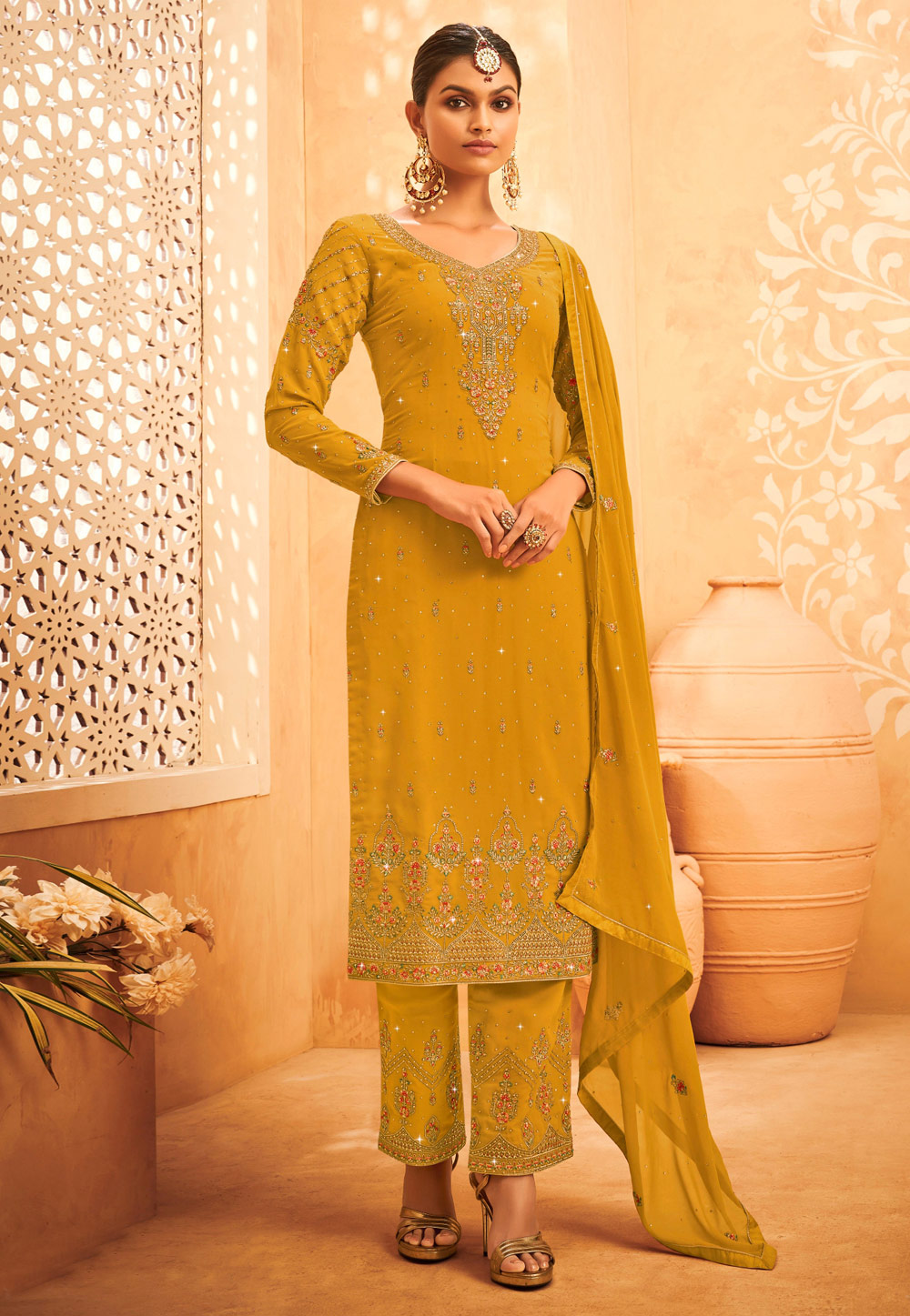 Mustard Faux Georgette Kameez With Palazzo 245127
