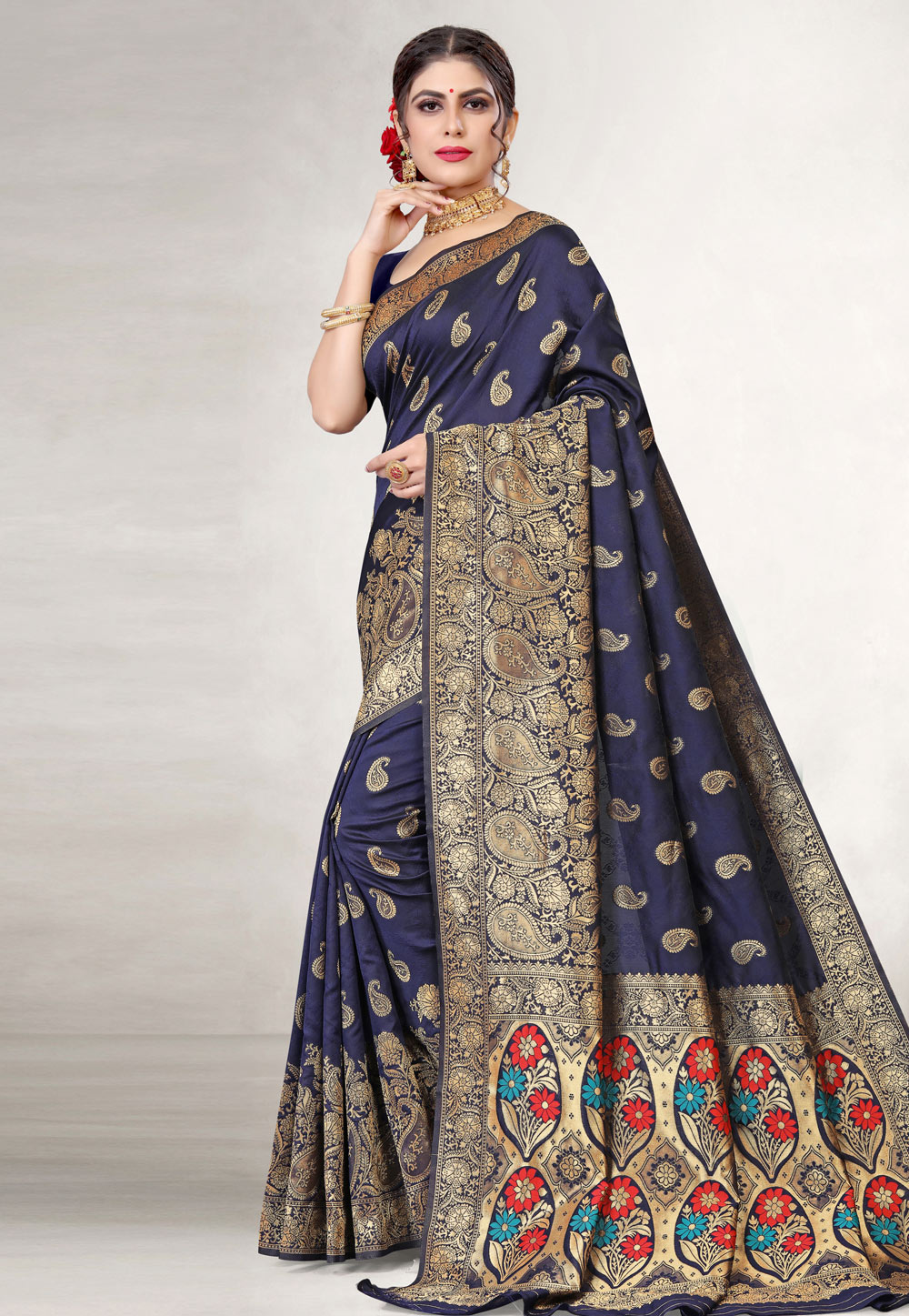 Navy Blue Jacquard Silk Festival Wear Saree 229784