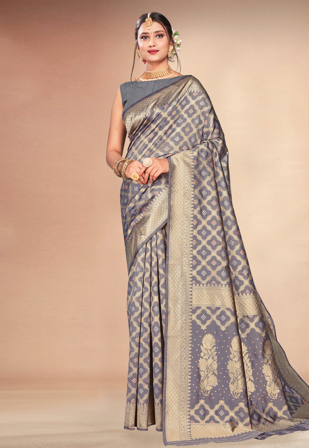 Grey Banarasi Silk Saree With Blouse 216937