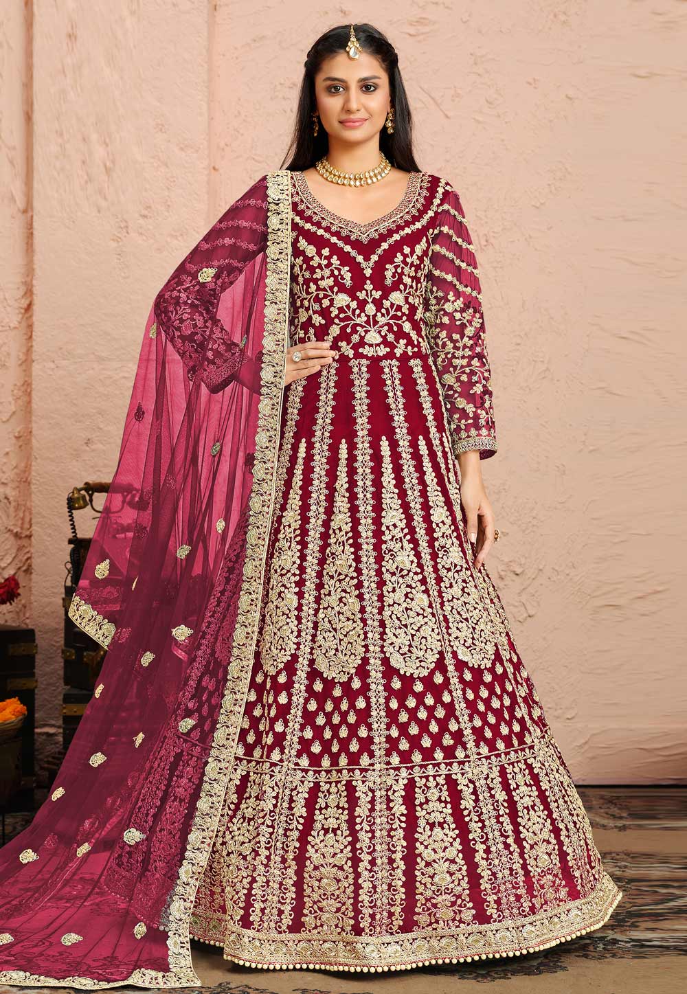 Magenta Net Embroidered Long Anarkali Suit 236093
