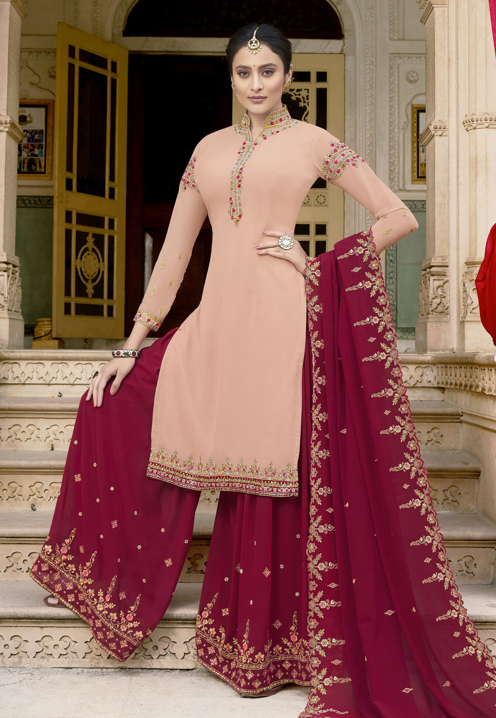 Peach Georgette Kameez With Palazzo 198716