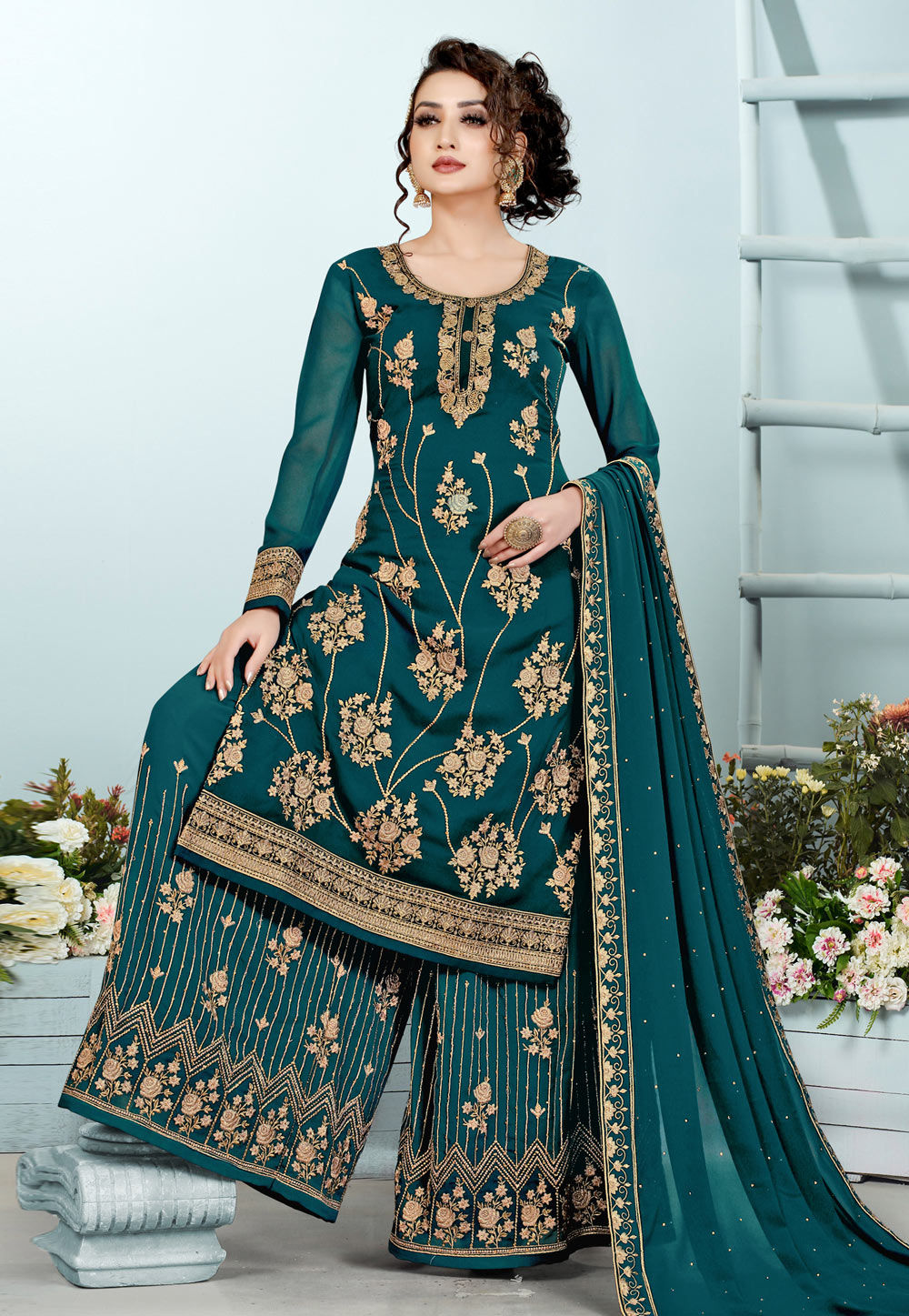 Teal Georgette Palazzo Suit 234568