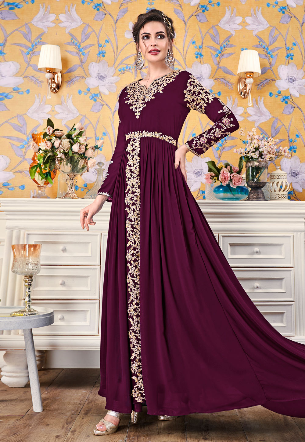 Purple Georgette Readymade Party Wear Gown 202257