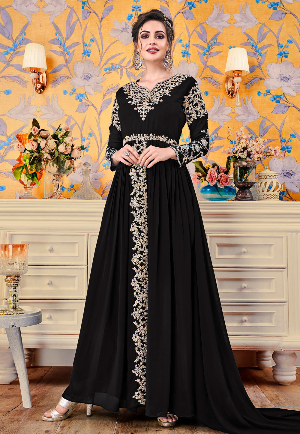 Black Georgette Readymade Gown 202258