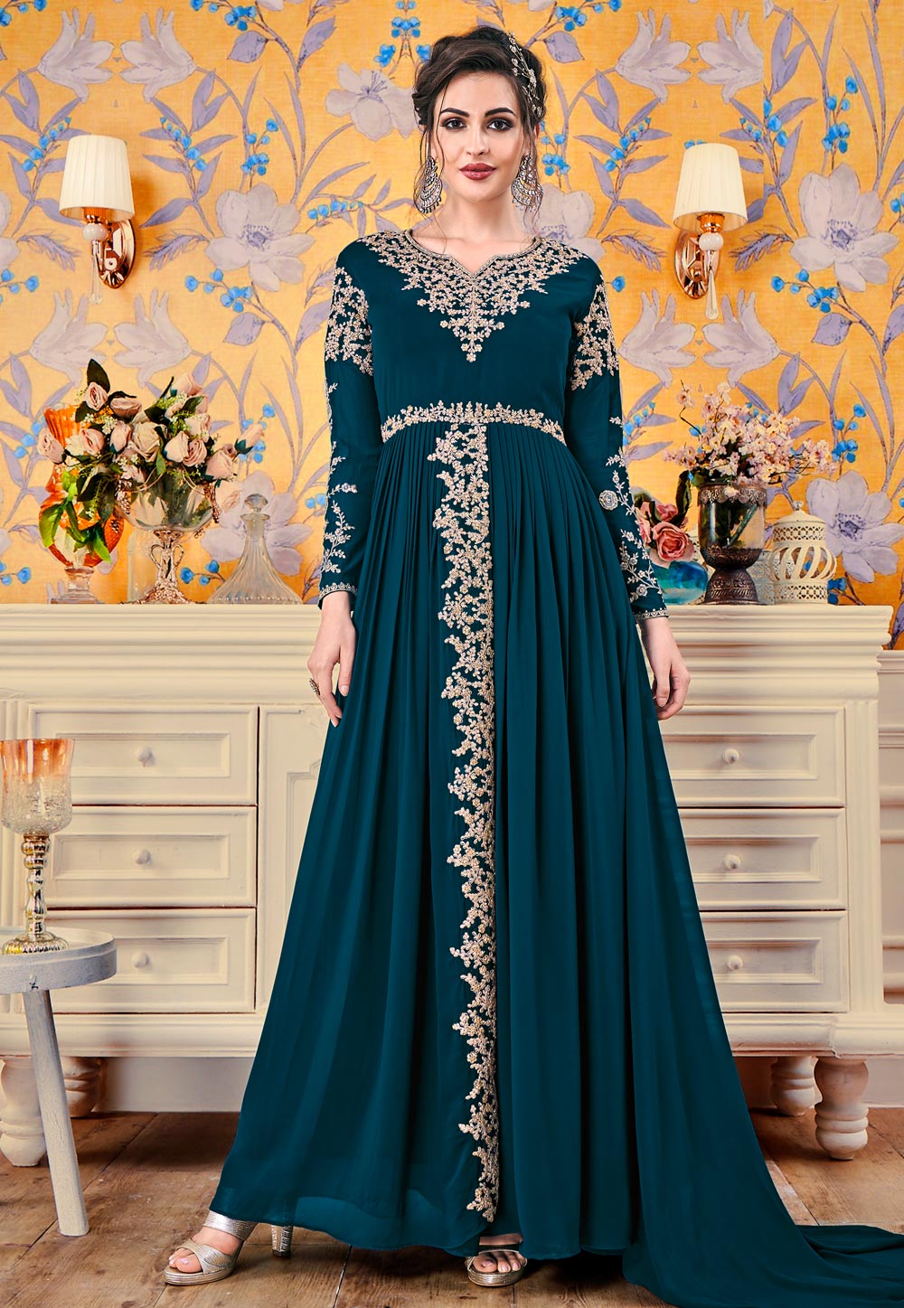 Teal Georgette Readymade Gown 202259