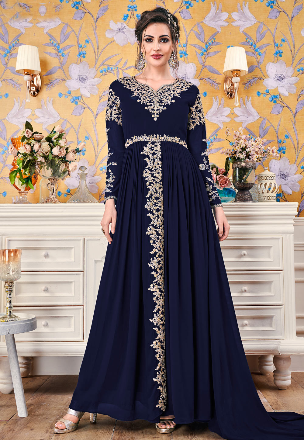 Navy Blue Georgette Readymade Gown 202260