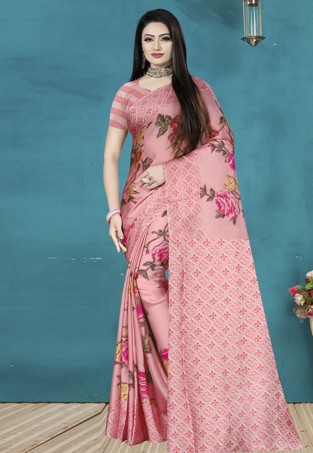 Pink Satin Silk Saree With Blouse 190359