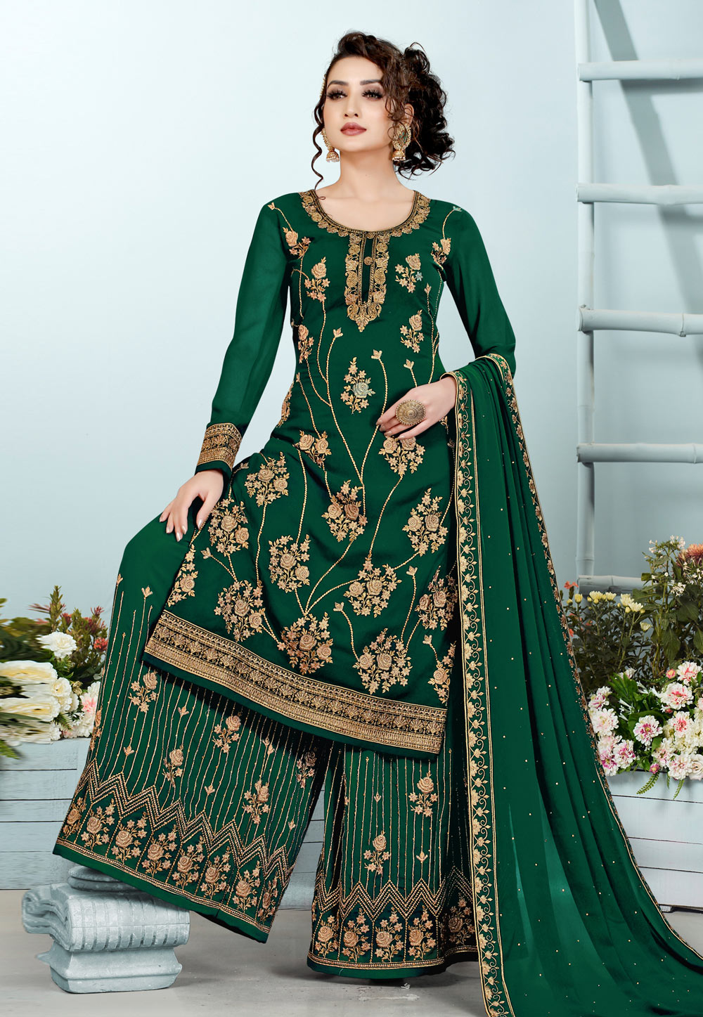 Green Georgette Palazzo Suit 234570
