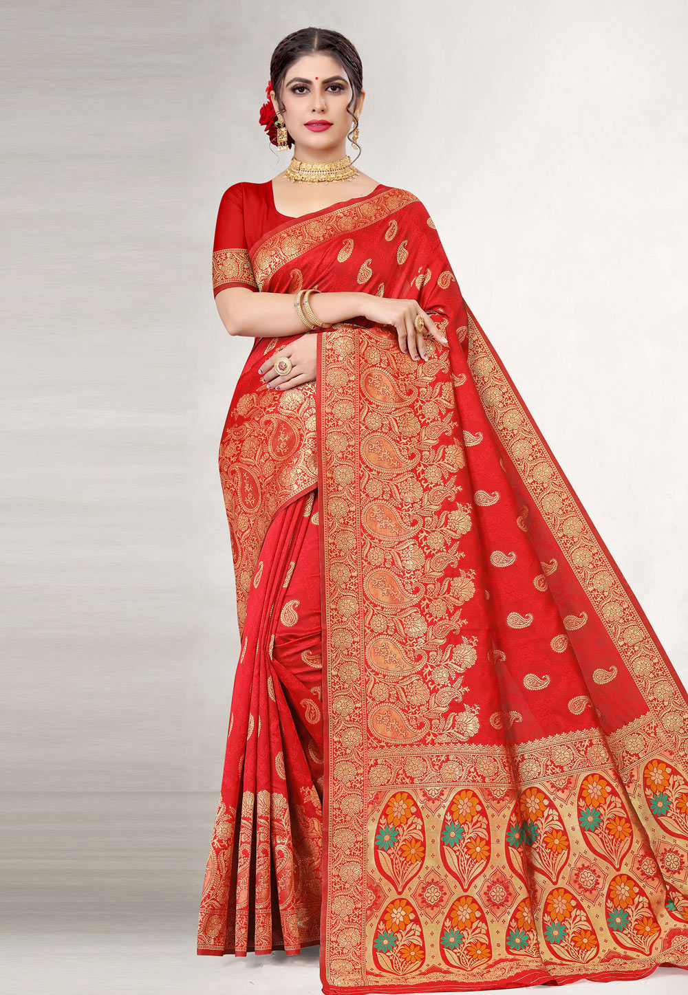 Red Jacquard Silk Saree With Blouse 229785