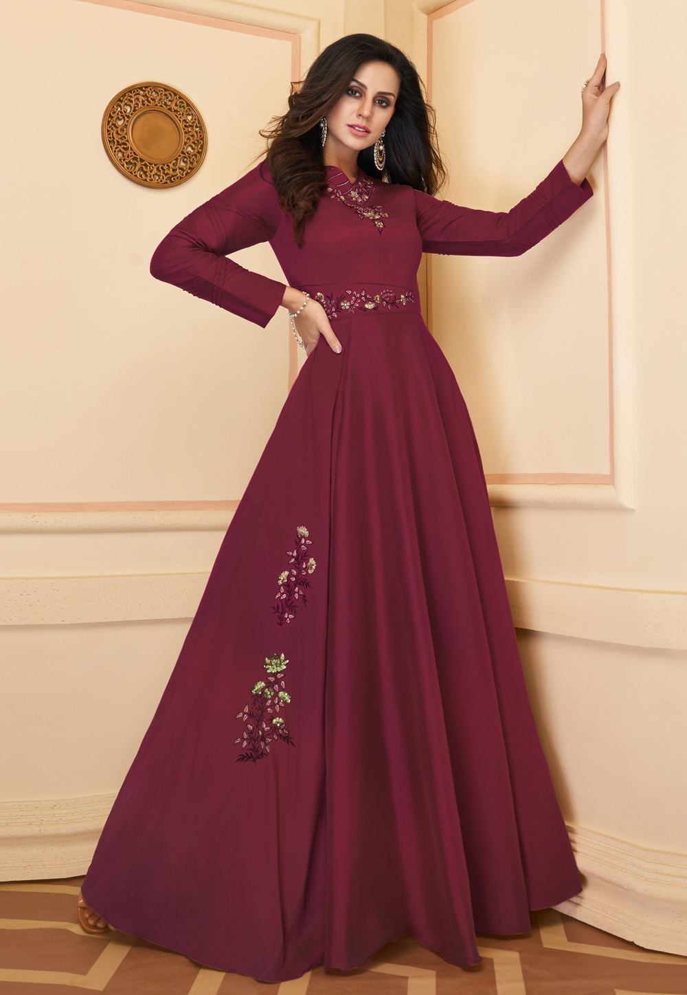 Magenta Silk Readymade Party Wear Gown 210631