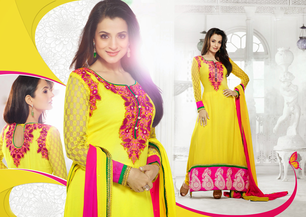 Ameesha Patel Yellow Embroidered Faux Georgette Long Suit 32054