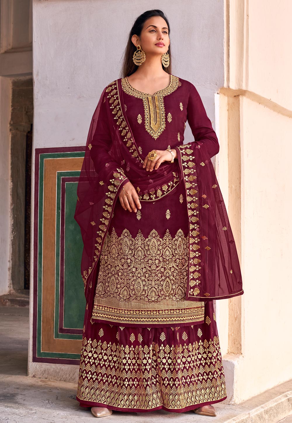 Wine Jacquard Embroidered Palazzo Suit 235932