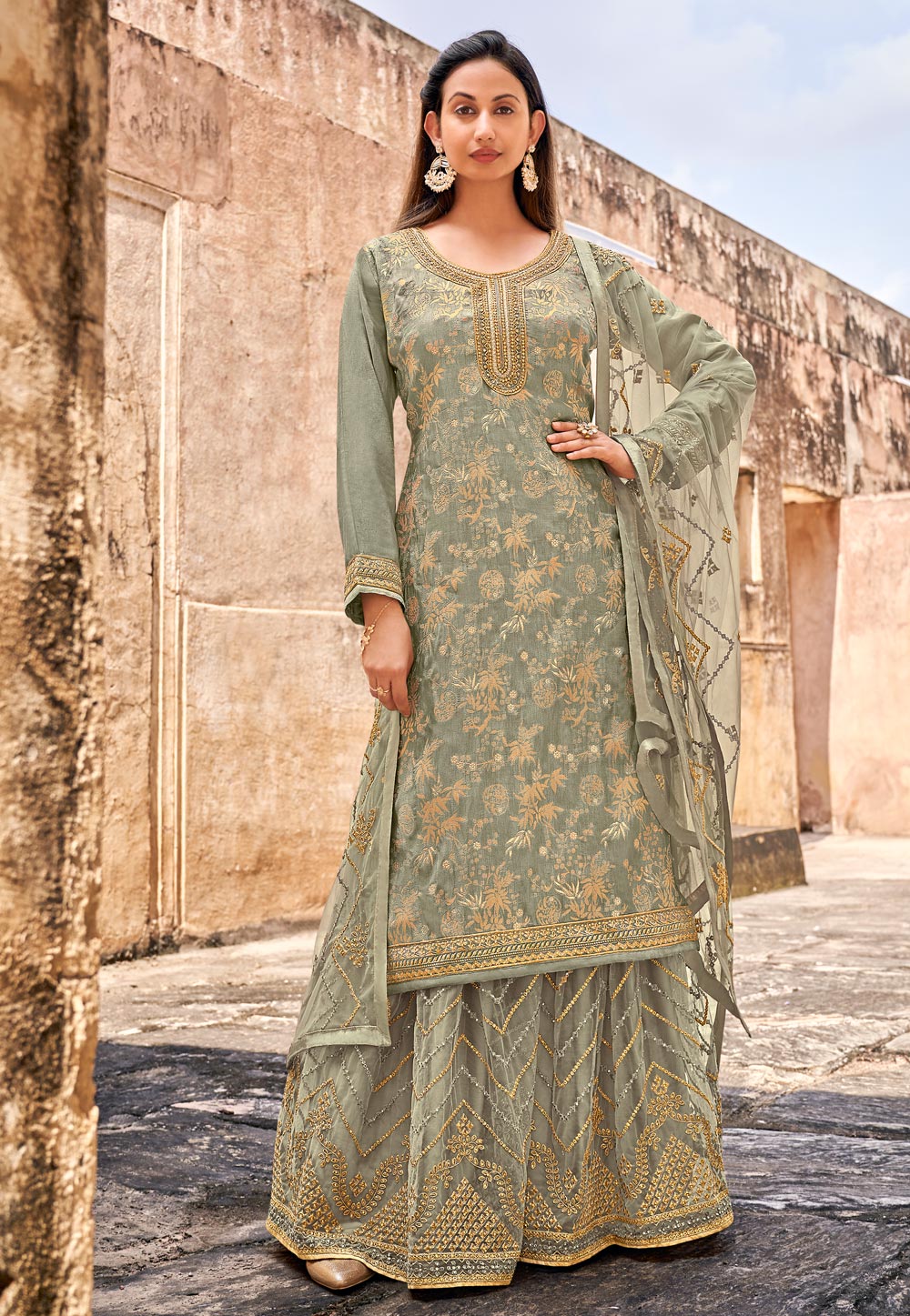 Grey Jacquard Embroidered Kameez With Palazzo 235933
