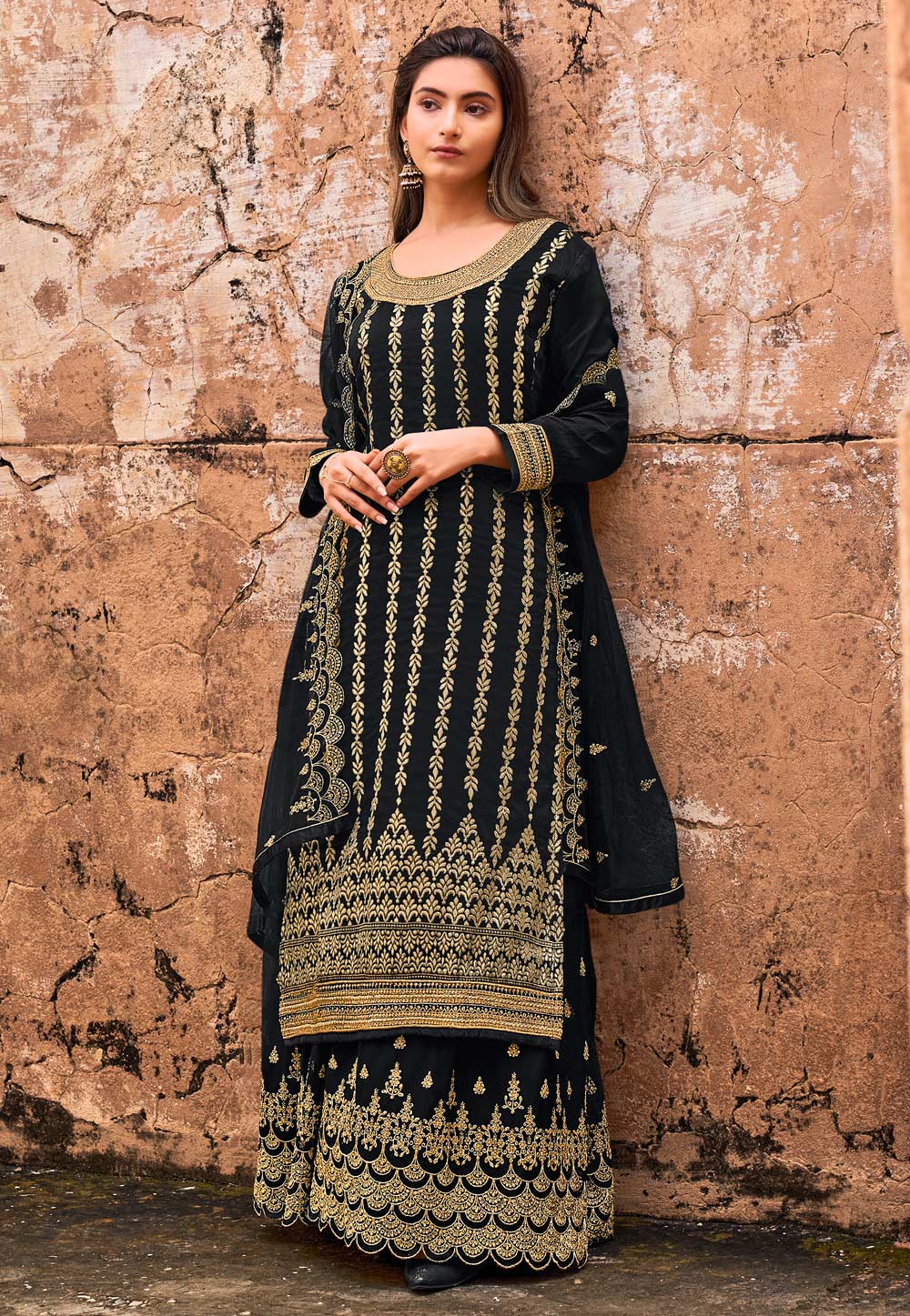 Black Jacquard Embroidered Palazzo Suit 235934