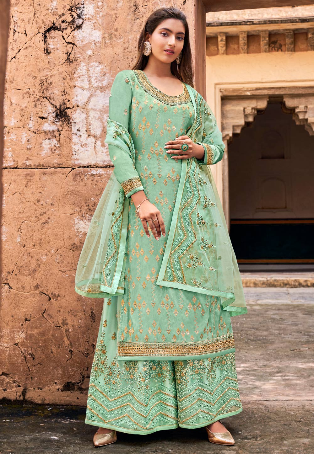 Light Green Jacquard Embroidered Kameez With Palazzo 235935