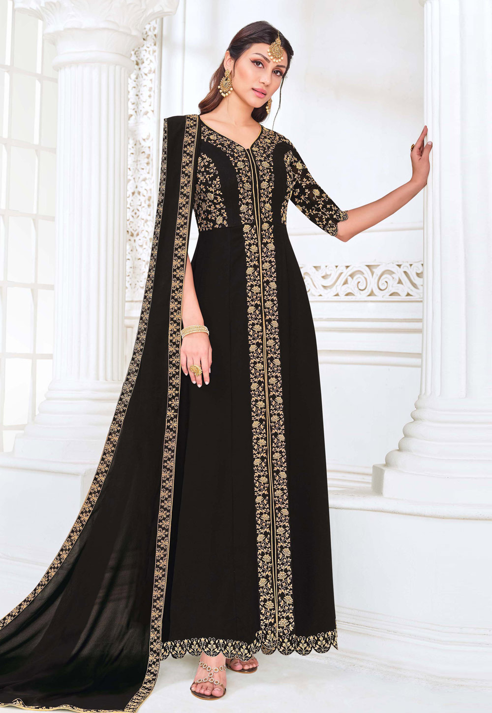 Black Georgette Embroidered Pant Style Suit 236601