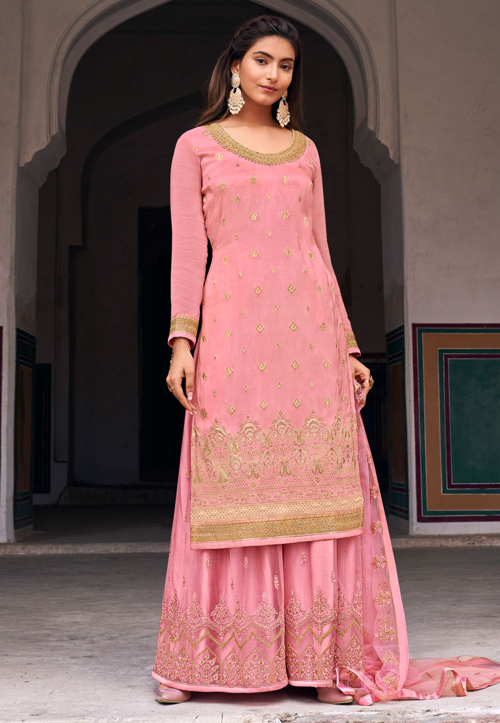 Pink Jacquard Embroidered Palazzo Suit 235936