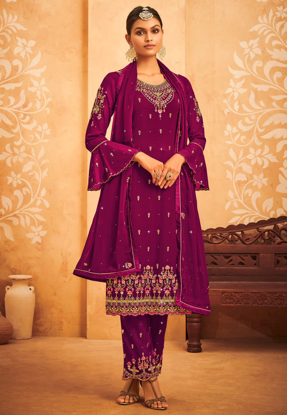 Magenta Faux Georgette Kameez With Palazzo 245129