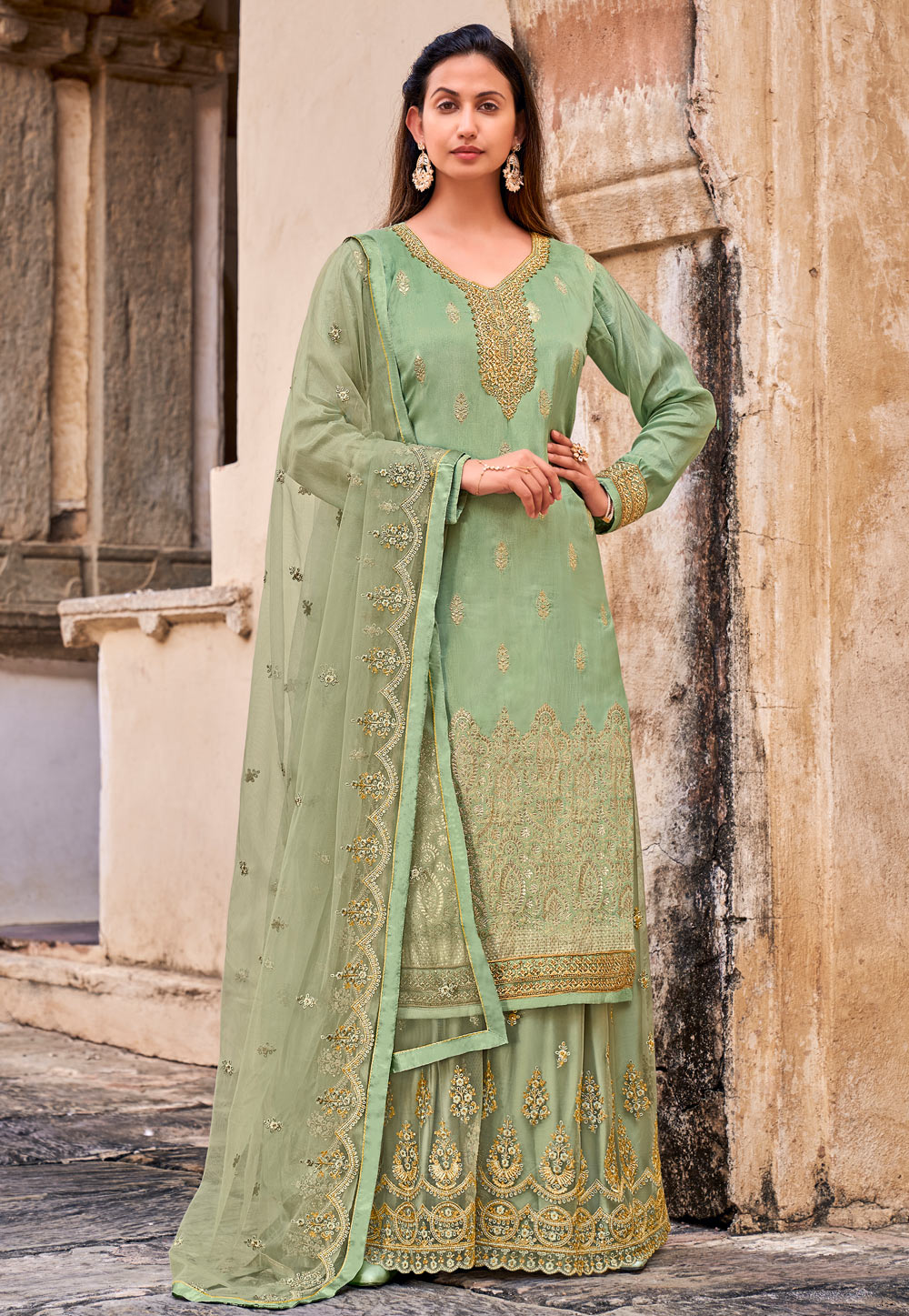 Sea Green Jacquard Embroidered Kameez With Palazzo 235937