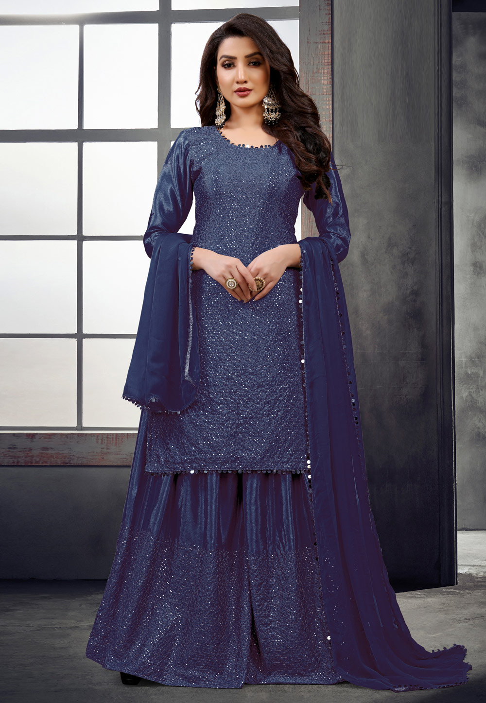 Navy Blue Chinon Kameez With Palazzo 242709