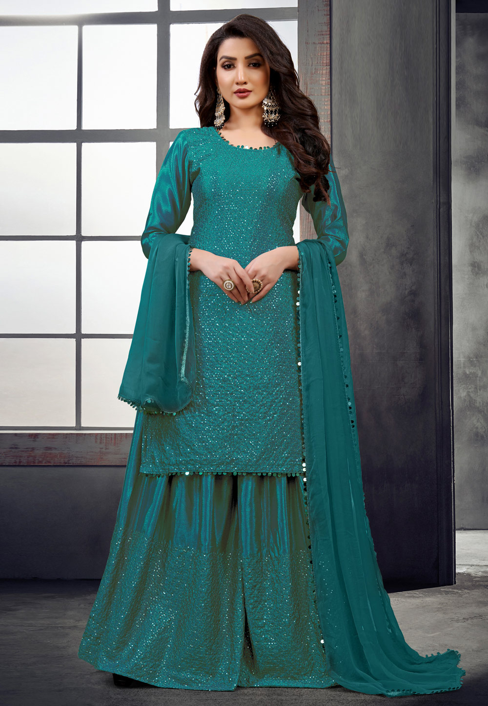 Teal Chinon Palazzo Suit 242710
