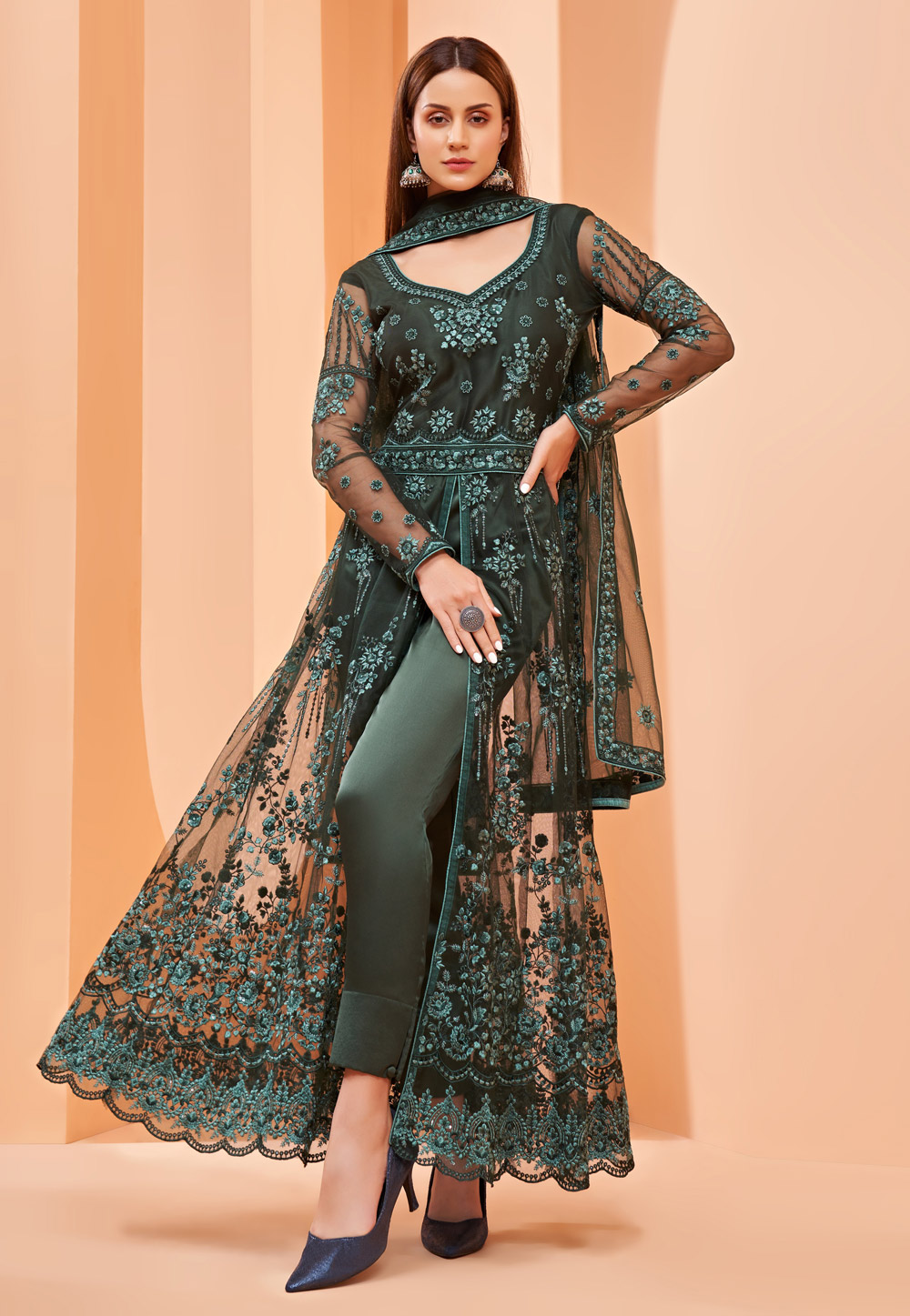 Green Net Embroidered Pant Style Suit 237427