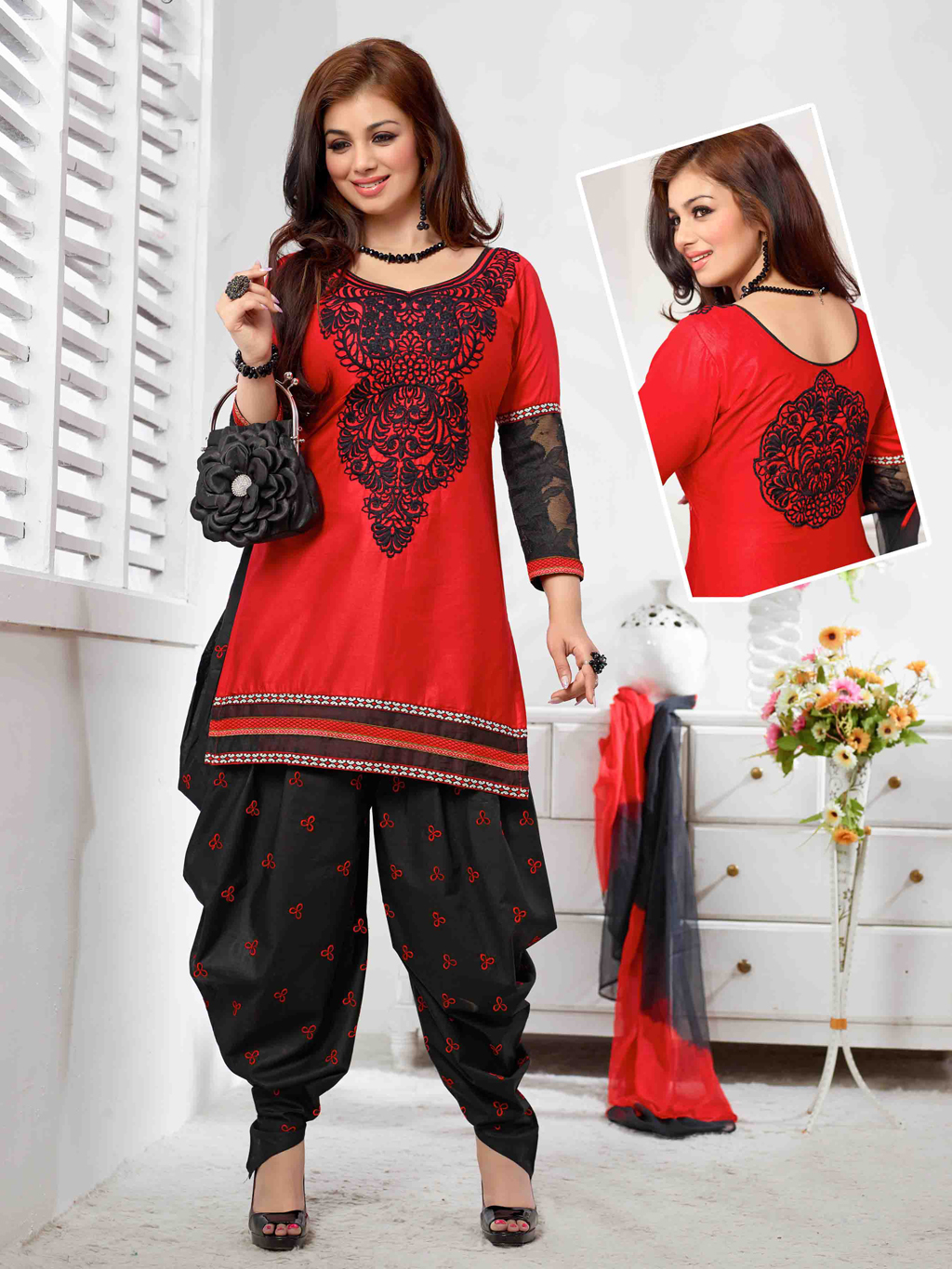 Ayesha Takia Red Cotton Satin Punjabi Suit 47245