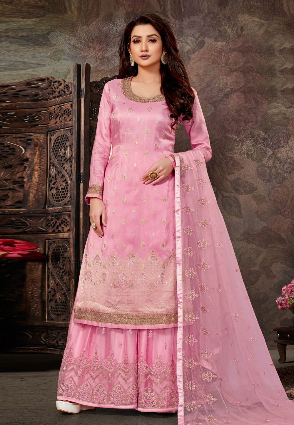 Pink Silk Jacquard Palazzo Suit 242494