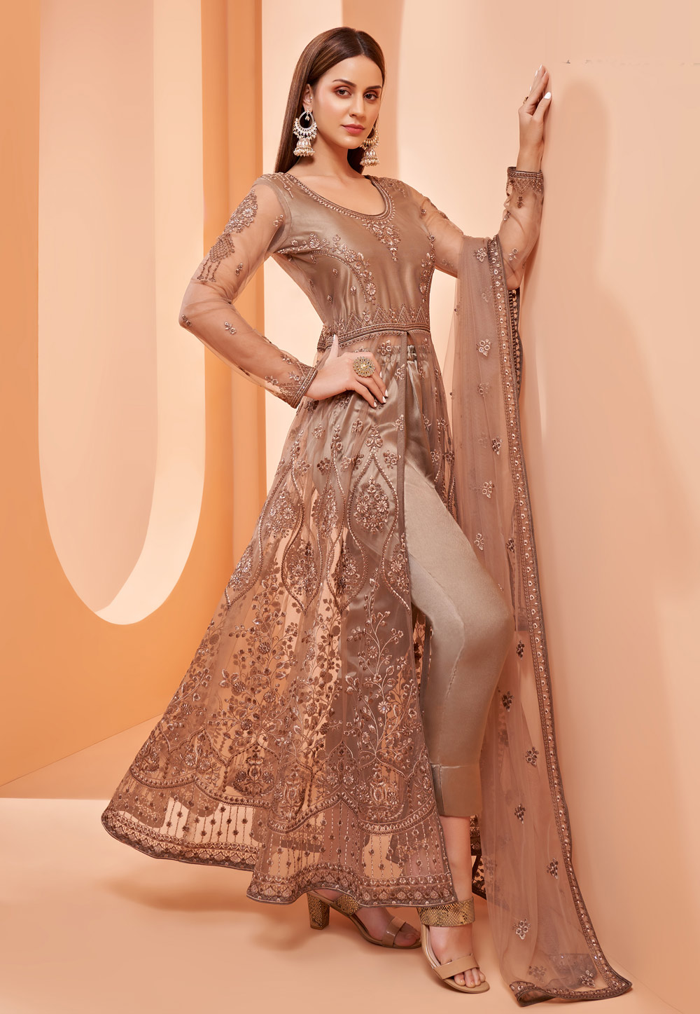 Brown Net Embroidered Pant Style Suit 237429
