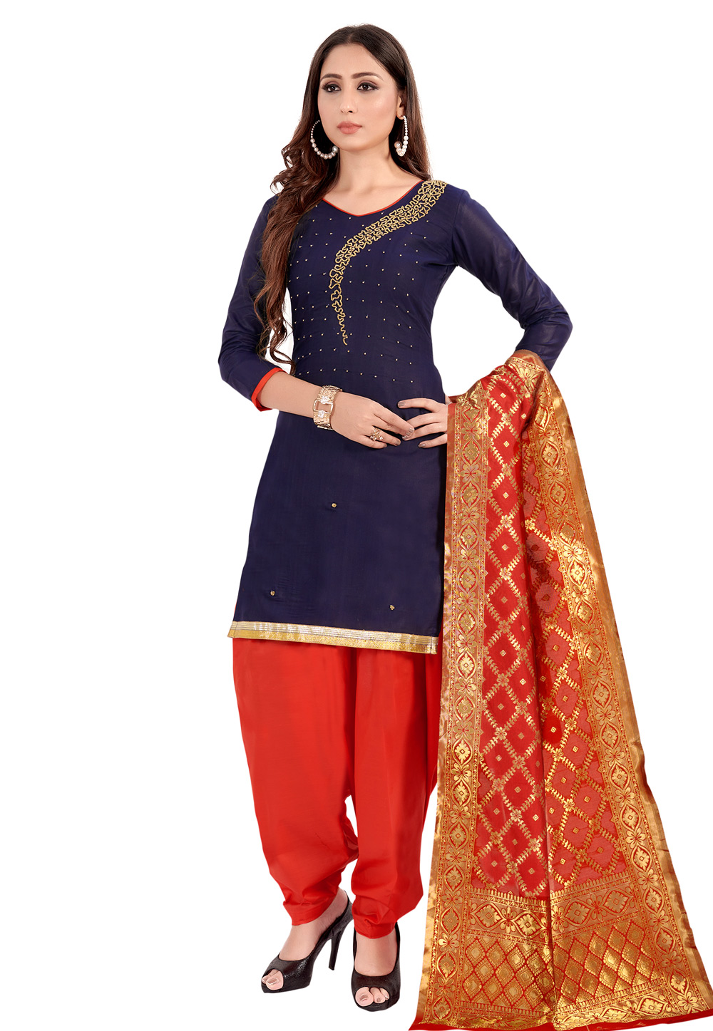 Navy Blue Cotton Patiala Suit 208686