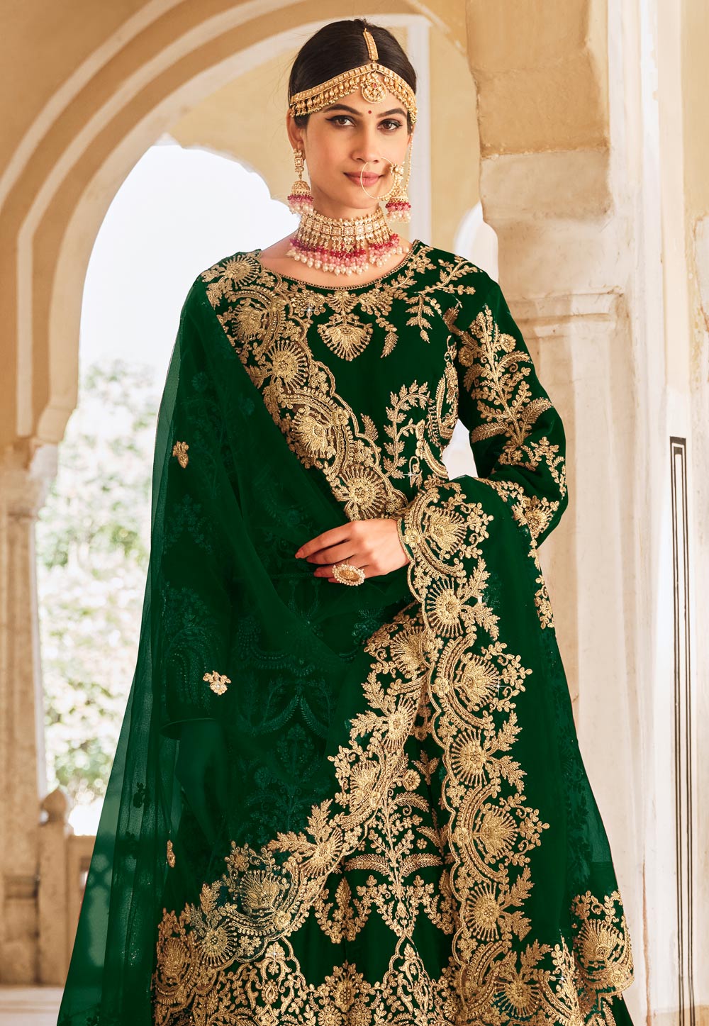 Green Velvet Bridal Lehenga Choli 271745