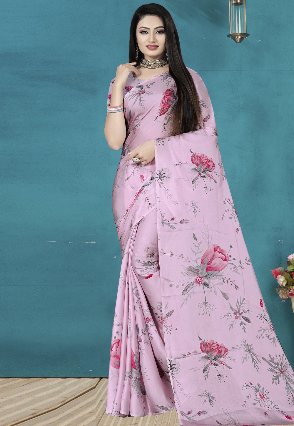 Pink Satin Silk Printed Saree 190364