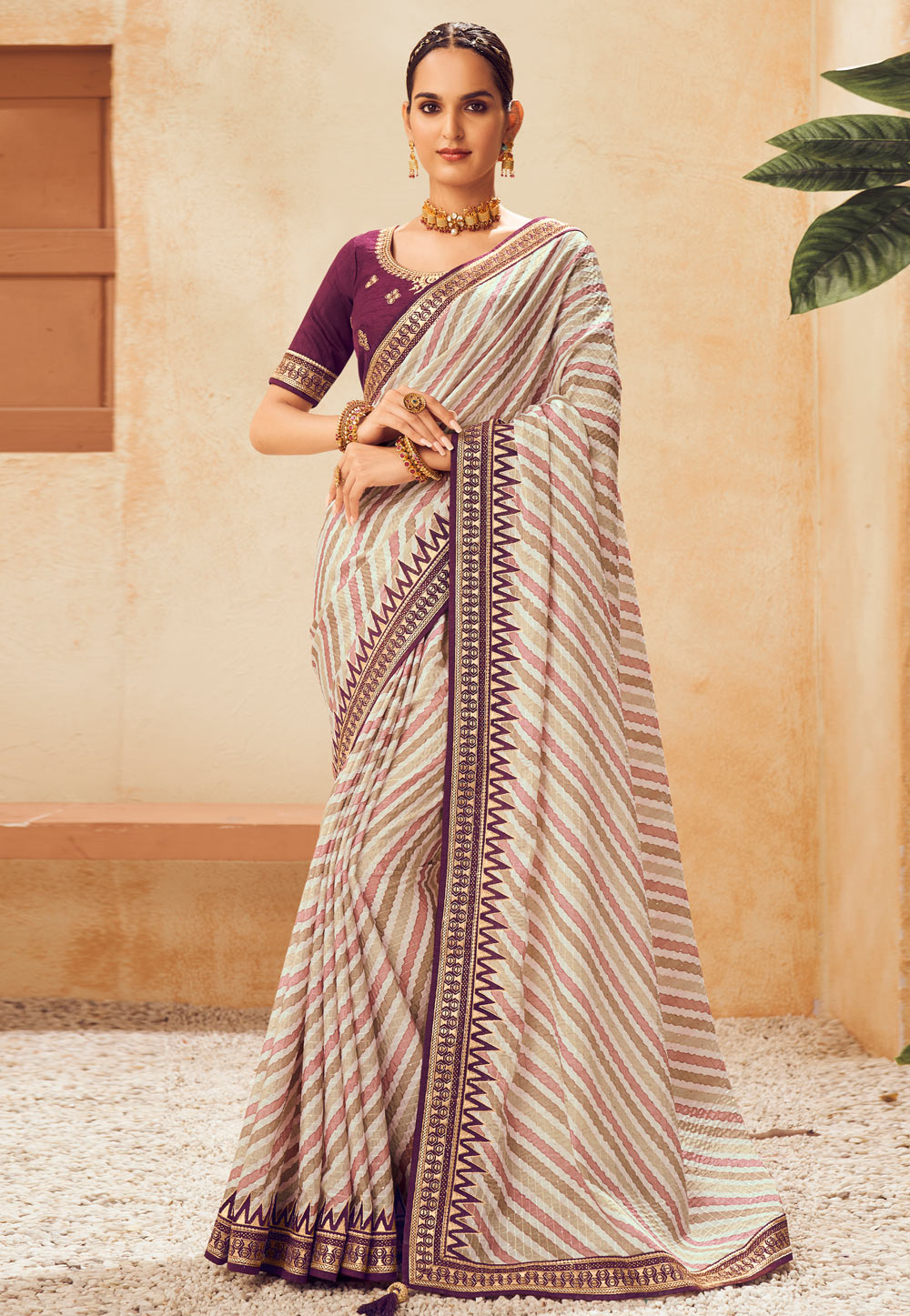 Off White Chinon Saree With Blouse 246173