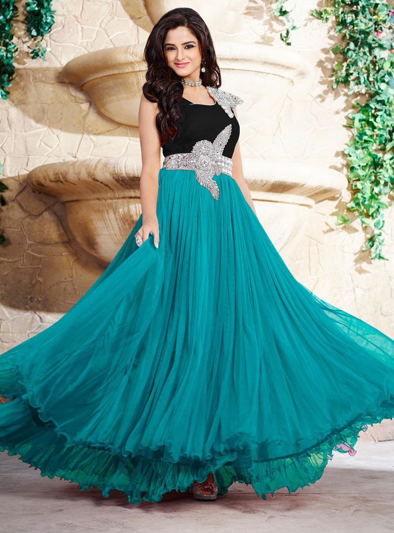 Turquoise Pure Satin Party Wear Gown 58100