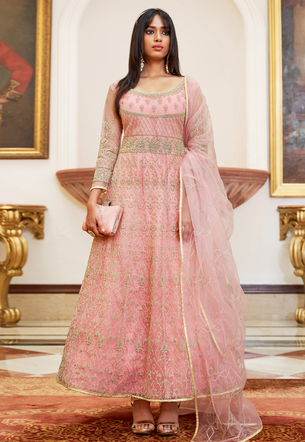 Pink Net Abaya Style Anarkali Suit 240095