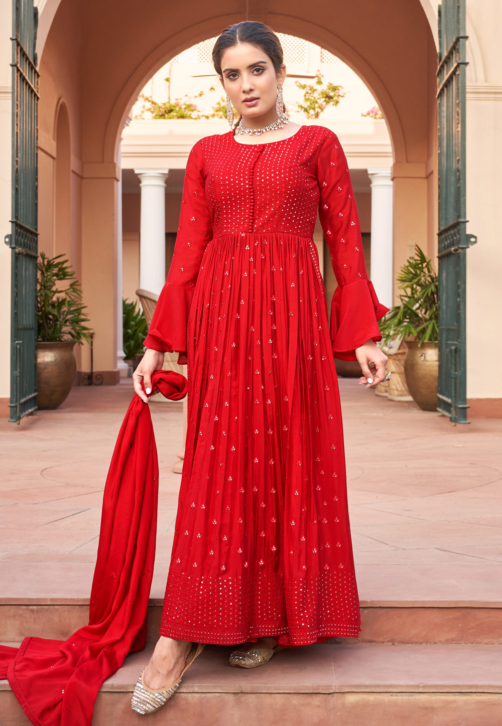 Red Chinon Palazzo Suit 261188