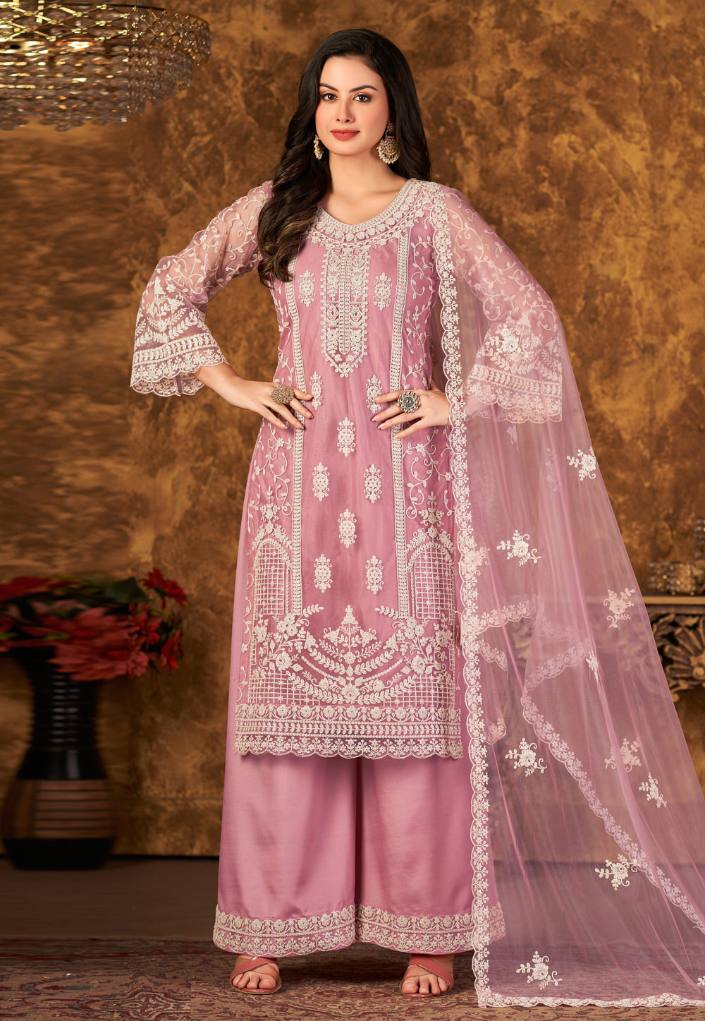 Pink Net Embroidered Palazzo Suit 250694